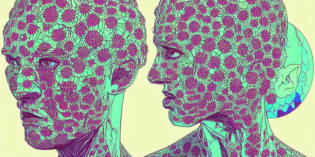 Prompt: risograph grainy drawing futuristic sci - fi antagonist face wearing earrings, photorealistic colors, face covered with plants and flowers, by moebius and satisho kon and dirk dzimirsky close - up portrait, hyperrealistic