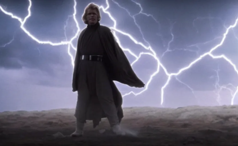 Image similar to screenshot portrait of Luke Skywalker fighting Emporer Palpatine force ghost, in a windy lightning battlefield with scattered ruins of a fiery jedi rock temple, iconic scene from 1970s film by Stanley Kubrick, last jedi, 4k UHD, cinematic lighting, beautiful portrait of Mark Hammill, moody scene, stunning cinematography, mcu effects, anamorphic lenses, kodak color film stock