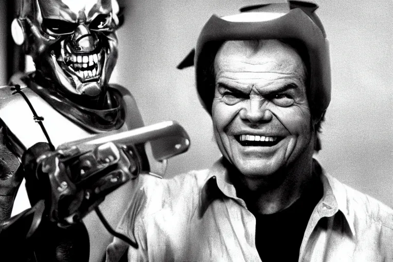 Image similar to Jack Nicholson in costume of Pikachu Terminator, scene where his endoskeleton gets exposed, still from the film