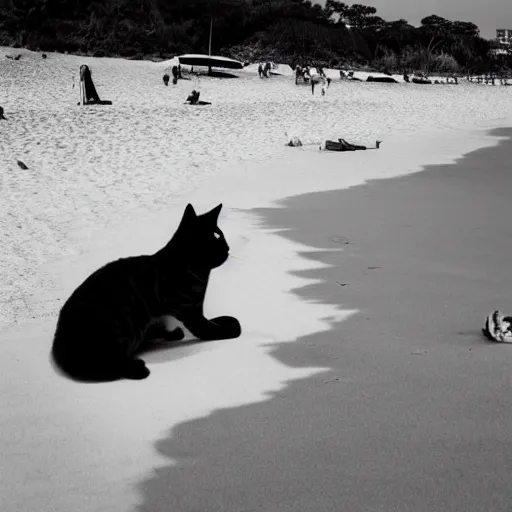 Prompt: black and white photograph of a beach with a cat resting under a bright summer sun