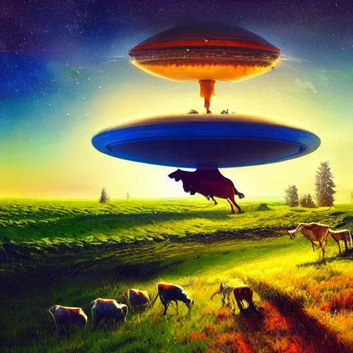 Image similar to ufo over the cow, Bright colors, fantastic landscape, hyperrealism, no blur, 4k resolution, ultra detailed, style of Anton Fadeev, Ivan Shishkin, John Berkey