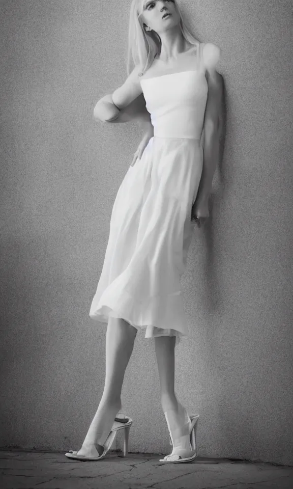 Image similar to photo of gorgeous seductive tall emily skinner cosplaying annie leonhart wearing elegant white dress, wearing open toe heels, in a white room, beautiful face, pale skin, rule of thirds, cinematic lighting, sharp focus, backlit, stunning, smooth, hard focus, full body shot, studio photo, shot on sony a 7 iii