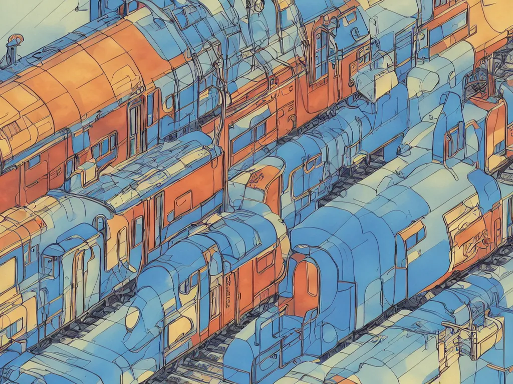 Image similar to blueprint sideview of a anime train, illustration, concept art, autumn light, colorful, beautiful, inspired by studio ghibli, inspired by hayao miyazaki, manga, cute and adorable