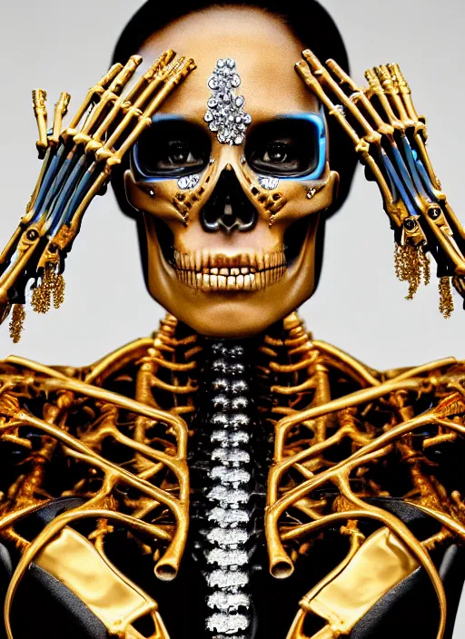 Image similar to a stunning young female cyborg - skull ribs made of gold, gemstones, diamonds, unreal engine, glamor shot, nikon d 7 5 0, closeup, f / 2. 8, low contrast, 1 6 k, rim lighting, optical fiber, cinematic lighting, insanely detailed and intricate, hypermaximalist, elegant, ornate, hyper realistic,