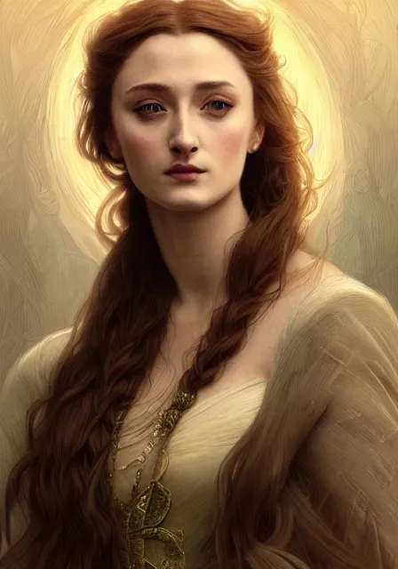 Image similar to portrait of sansa stark with long hair, intricate, elegant, highly detailed, digital painting, artstation, concept art, smooth, sharp focus, illustration, art by artgerm and greg rutkowski and alphonse mucha and william - adolphe bouguereau