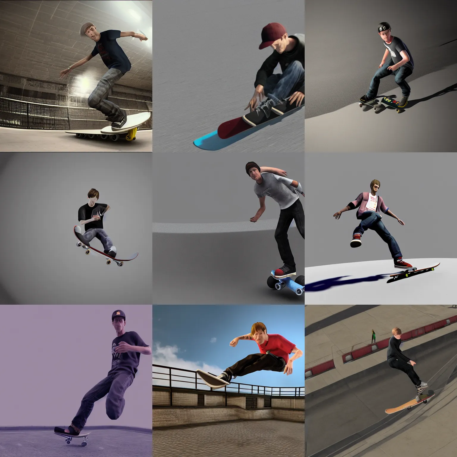 Prompt: tony hawk, 3 ds max animation, redshift render, realistic, cloth sim, fisheye, skater xl, skatrix 4 k