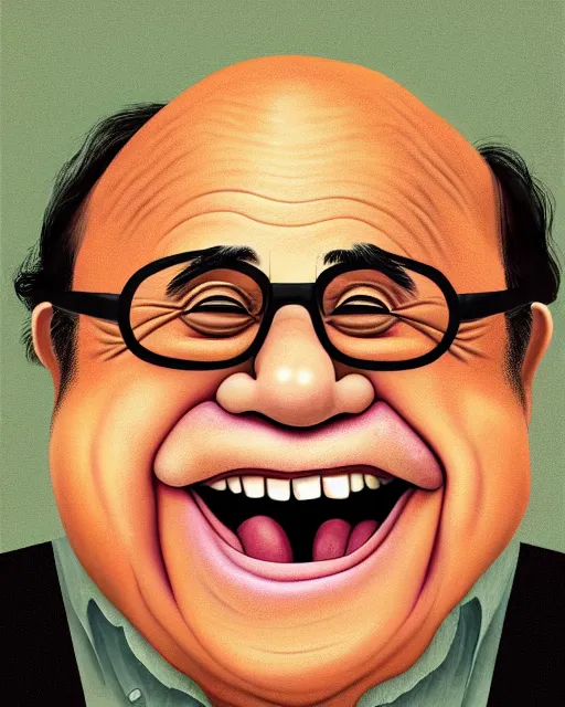 Image similar to painting portrait of danny devito as a ham, cartoon, warm lighting, danny devito has a ham body, danny devito's face on a ham. movie poster, illustration by bartek fedyczak, erak note, tooth wu, neil richards, kan liu, siwoo kim, jisu choe, trending on art station