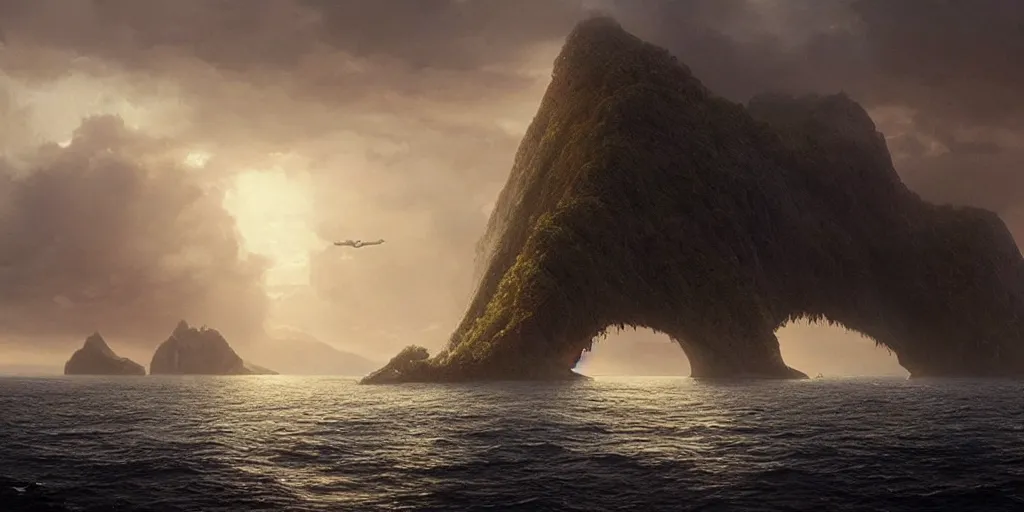 Prompt: epic matte painting of an island, cinematic cinematography masterpiece, greg rutkowski, and ivan aivazovski, roger deakins