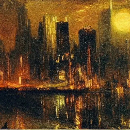 Image similar to cyberpunk cityscape at night with silhouette figure in foreground. Turner painting 1910