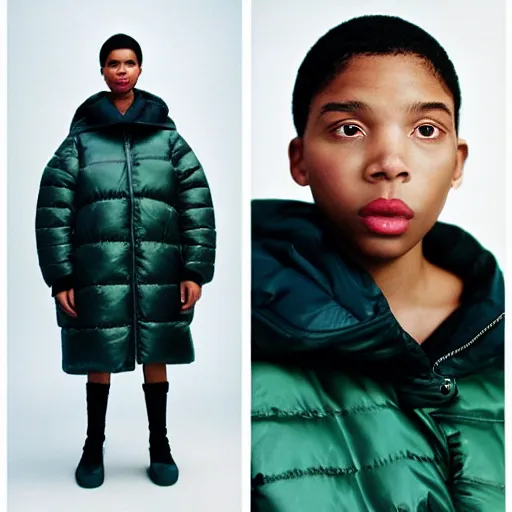 Image similar to realistic! photoshoot for a new balenciaga lookbook, color film photography, portrait of a beautiful woman wearing a puffer jacket, photo in style of tyler mitchell, 35mm