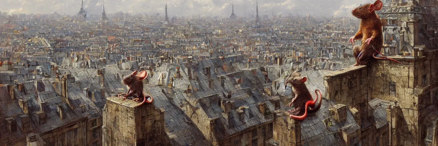 Prompt: a rat sitting on a roof in paris, bright colorful, artstation trending, world renowned artists, worth1000.com, historic artworks society, antique renewel, cgsociety, by greg rutkowski, by Gustave Dore, Deviantart