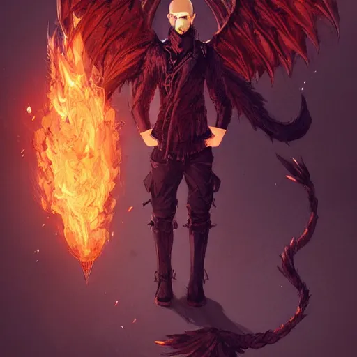 Image similar to full body anime style human with a beard out of fire, in dragon form, bald. fantasy style. very punk / alt aesthetic. wings and tail, a highly detailed, digital painting, artstation, concept art, matte, sharp focus, illustration, art by artgerm and greg rutkowski