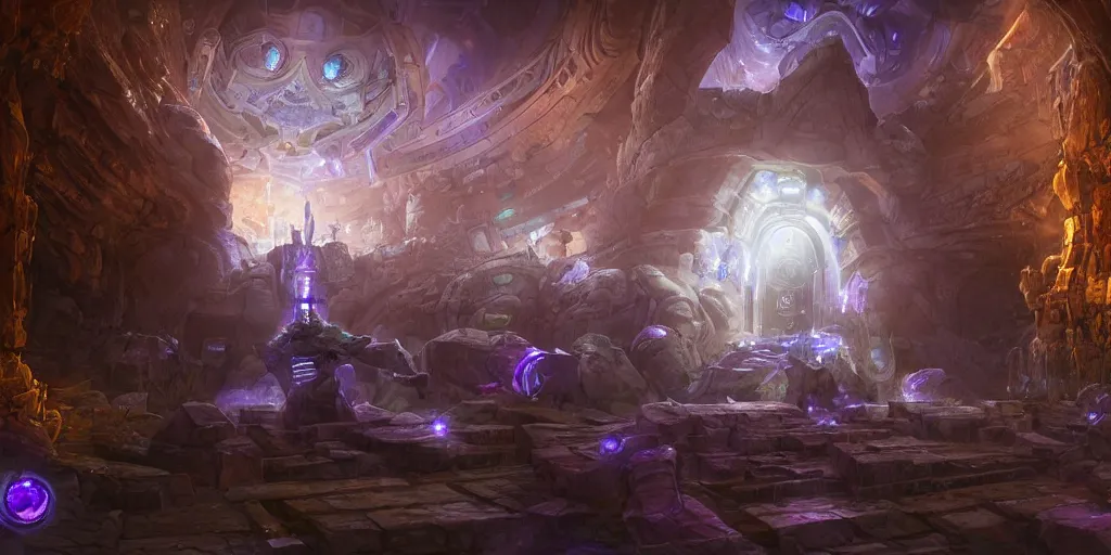 Prompt: a digital painting of a big robot made of white stone, purple crystal inlays, wow kyrian style, by jonas de ro and samwise didier, keeping the entrance of a sanctum, crystals enlight the scene, view is centered on the robot, cinematic lights, at dawn, unreal engine, attestation, deviantart