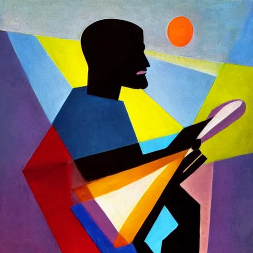 Prompt: beautiful sunset, man playing a saxiphone, cubism, muted colors, texture