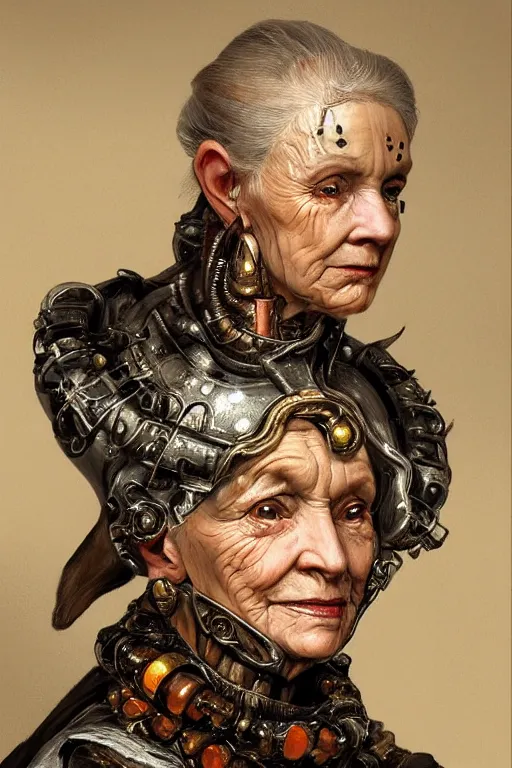 Prompt: portrait, headshot, digital painting, of a old 17th century, old lady cyborg merchant, amber jewels, implants, baroque, ornate clothing, scifi, futuristic, realistic, hyperdetailed, chiaroscuro, concept art, art by waterhouse and witkacy