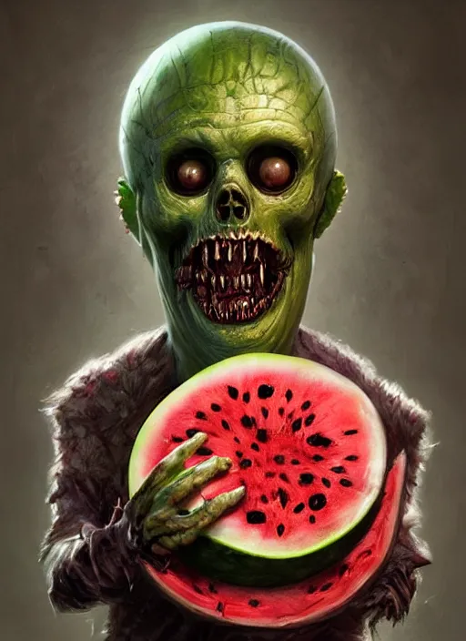 Image similar to hyper realistic photography portrait of smiling zombie with a watermelon helmet cinematic, greg rutkowski, brom, james gurney, mignola, craig mullins, artstation, cgsociety