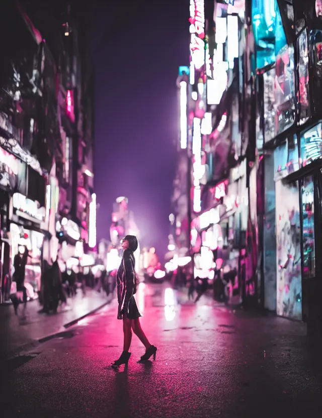 Prompt: portrait shot of a dark hair girl dressed by rick owens walking through shibuya lit by neons, night time, cinematic lights, annie leibovitz, 4k, highly detailed, glows, reflections, red leds, smoke, shallow depth of field, sigma 85mm 1.4