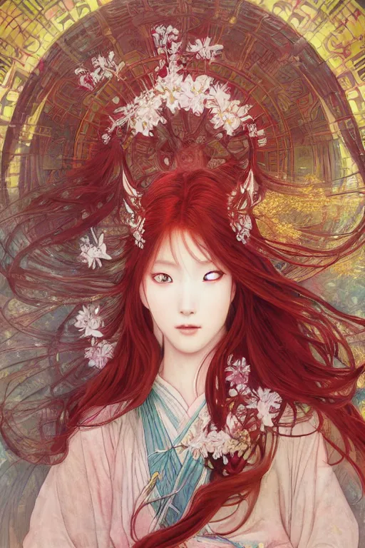 Prompt: breathtaking detailed soft painting of a samurai queen with long flowing red hair, anime style, pastel flower petals flying, in front of a pristine art nouveau cathedral, elegant, volumetric lighting, highly detailed, artstation, concept art, matte, sharp focus, art by pilyeon, Alfons Mucha and Miho Hirano