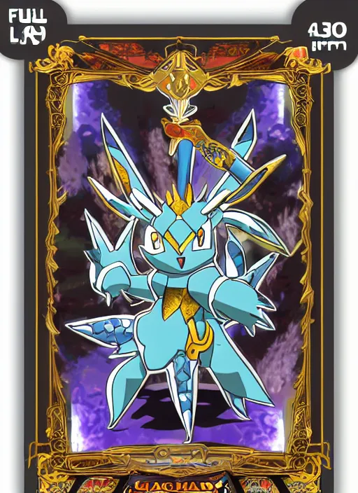 Prompt: legendary pokemon with trading card design and ornate border frame, art station, full card design