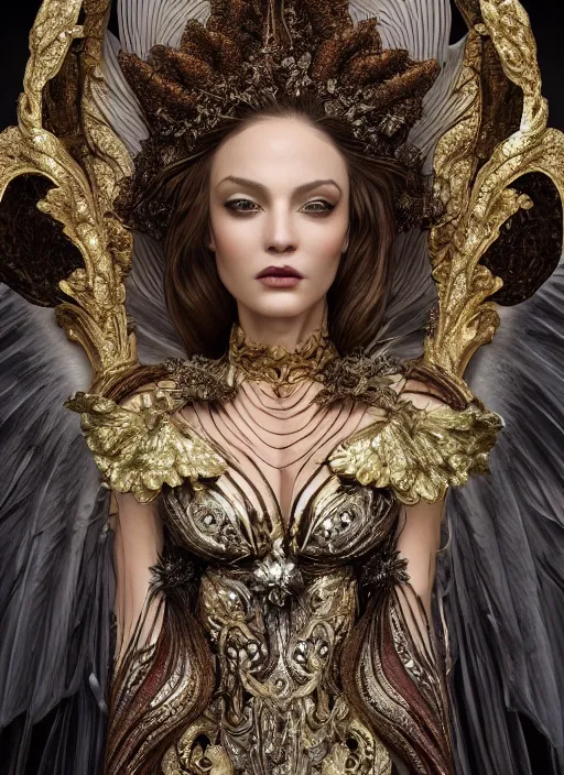 Image similar to expressive full body photo of an angel, ornate headpiece made from flowers, ornaments, glamour shot, by karol bak, by stefan gesell, photorealistic, canon r 3, fashion photography, hyper maximalist, elegant, ornate, luxury, elite, environmental portrait, symmetrical features, octane render, unreal engine, solid dark grey background, dramatic lights