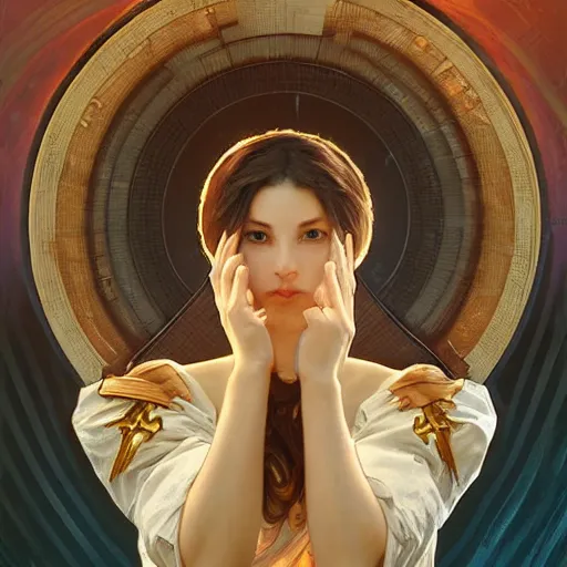Prompt: a mushroom cloud merging into the shape of a peace sign, art by artgerm and greg rutkowski and alphonse mucha highly detailed, dieselpunk, high quality, 8 k, soft lighting, realistic face, path traced