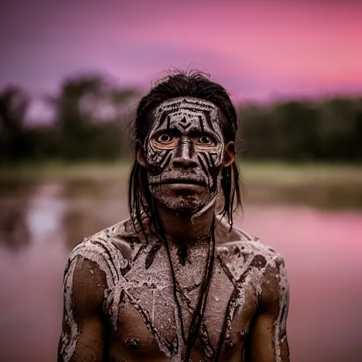 Prompt: photo of an aztec tribal man covered in mud, sunset in a swamp, documentary photo, color graded, HD, 4K