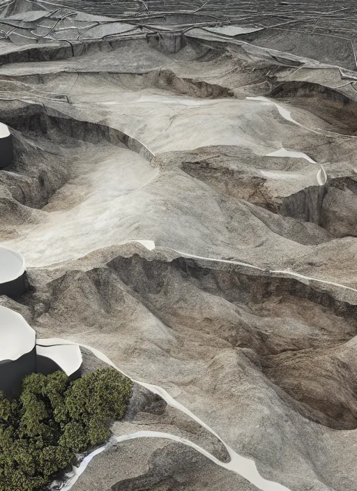 Image similar to bioremediation invisible white architecture, in the mining tailings of chuquicamata, epic, cinematic, hyperealistic, high detailed, corona render, hdr, ray tracing