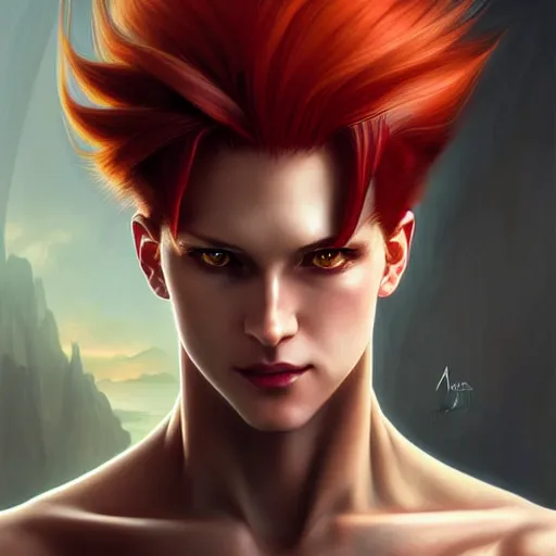 Prompt: portrait of hisoka morow hunter hunter, male, sharp jaw yellow eyes narrow sultry eyes red hair soft bunched hair swept back crimson medium length hair, anime, fantasy, intricate, elegant, highly detailed, digital painting, artstation sharp focus, madonna art by artgerm and greg rutkowski and alphonse mucha