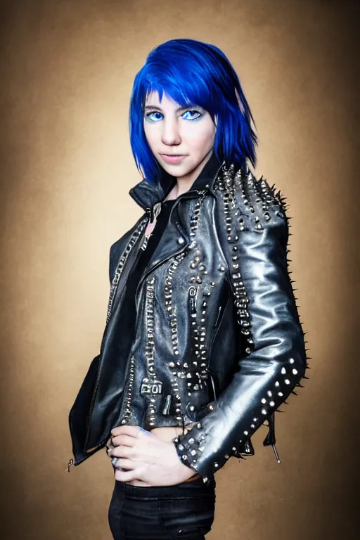 Prompt: a professional portrait of thalia grace, a teenage white girl with electric blue eyes, short choppy shoulder-length spiky black hair, a smirk, freckles, a silver circlet in her hair, a leather jacket, and a punk style