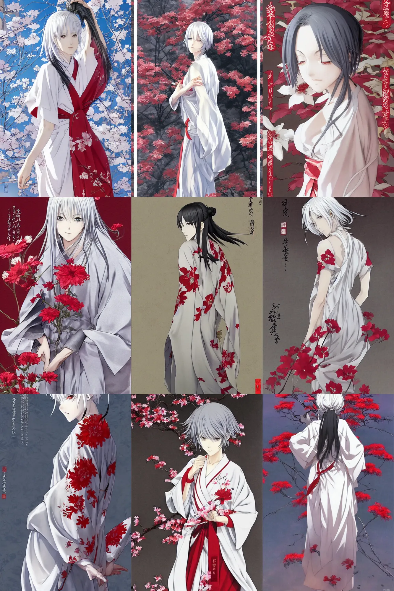 Prompt: beautiful thin girl, silver hair, white kimono with red flower patterns, full body shot, ilustration by Takehiko Inoue ((and Krenz Cushart))