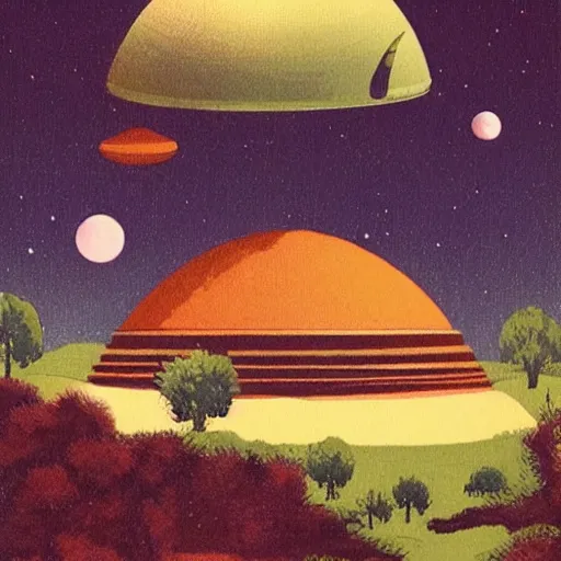 Prompt: ottoman style domed spaceship, lush pastoral woodland scene, pulp science fiction illustration