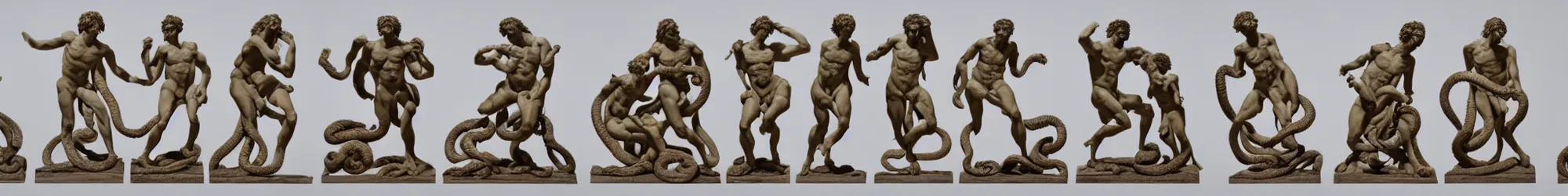 Prompt: long line-up of laocoon and his sons struggling with serpents, full body view, white background
