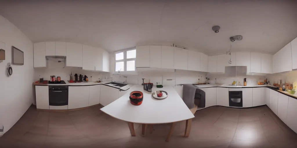 Prompt: minimalistic kitchen dim lit by a candle simon stalenhag, fisheye camera, extreme perspective