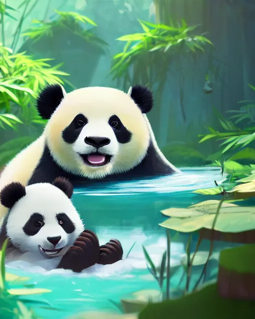 Image similar to a panda taking a bath in a spring with lush vegetation around, cory loftis, james gilleard, atey ghailan, makoto shinkai, goro fujita, character art, rim light, exquisite lighting, clear focus, very coherent, plain background, soft painting