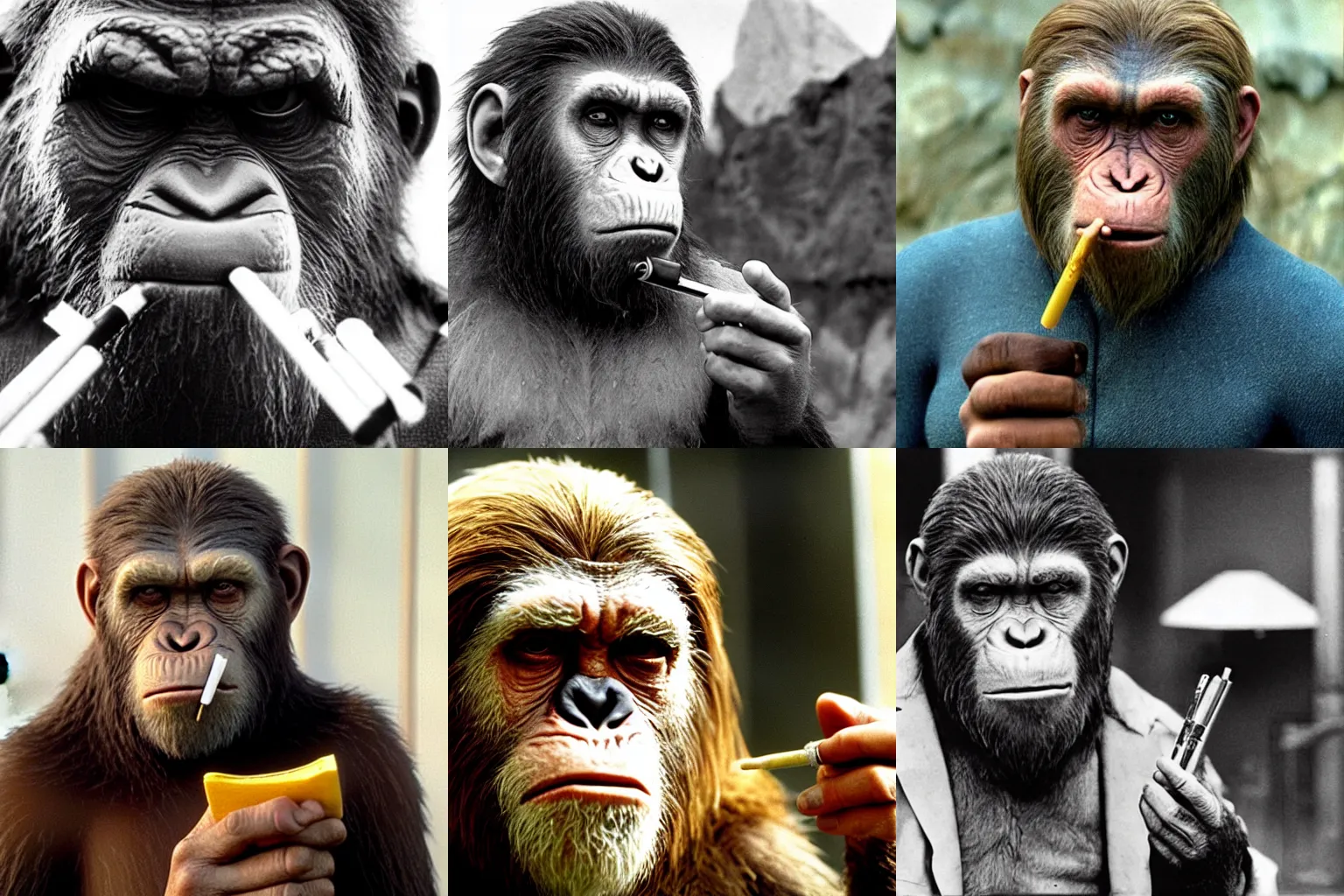 Prompt: Planet of the Apes Film still of Doctor Zaius smoking a cigarette