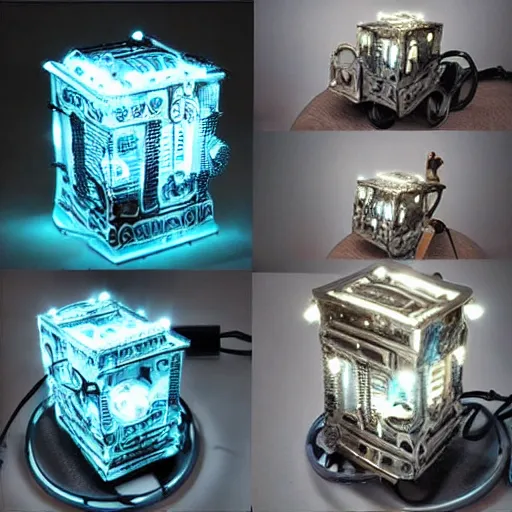 Image similar to tiny mechanical movie prop with led lights, intricate and detailed