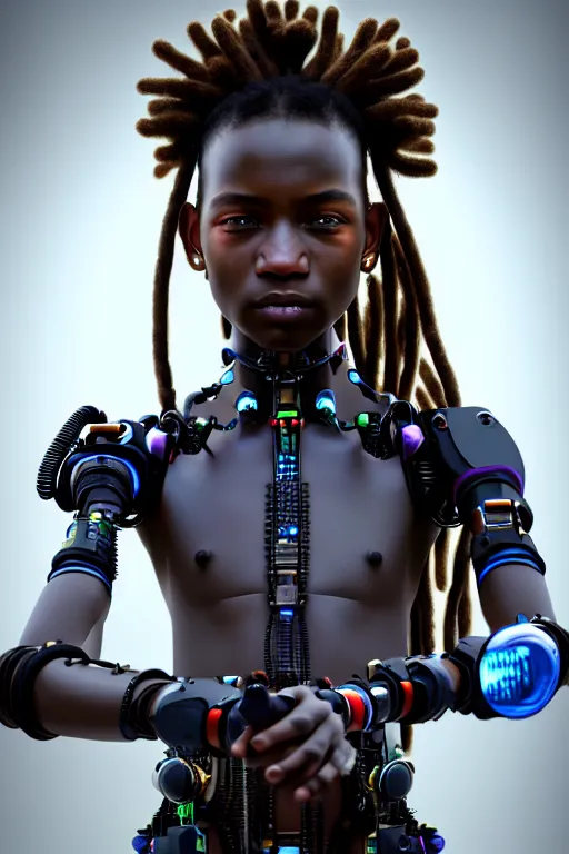 Image similar to a very detailed portrait of a young cyberpunk Africanchild with dreadlocks, biot ech, machine, photorealistic, highly detailed rendering with a cyberpunk style_ robotic arms MetaHuman, unreal engine, defined cheekbones, dramatic cinematic lighting