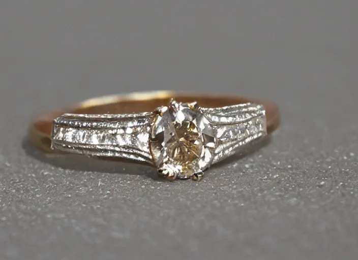 Prompt: a big glimmering dimond ring on a lady hand in the 8 0's. closeup. clouds in the background