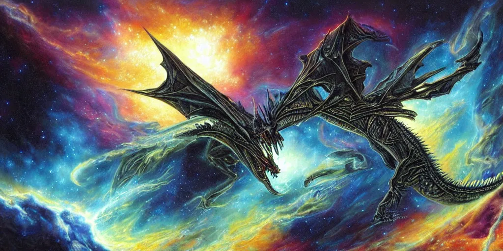 Image similar to an alien dragon flying through outer space, epic nebula, dan seagrave art