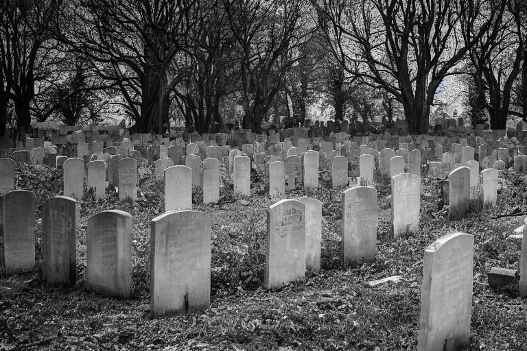 Prompt: photo of a graveyard guarded by a gravekeeper, unsettling atmosphere, eerie, bizarre, horror