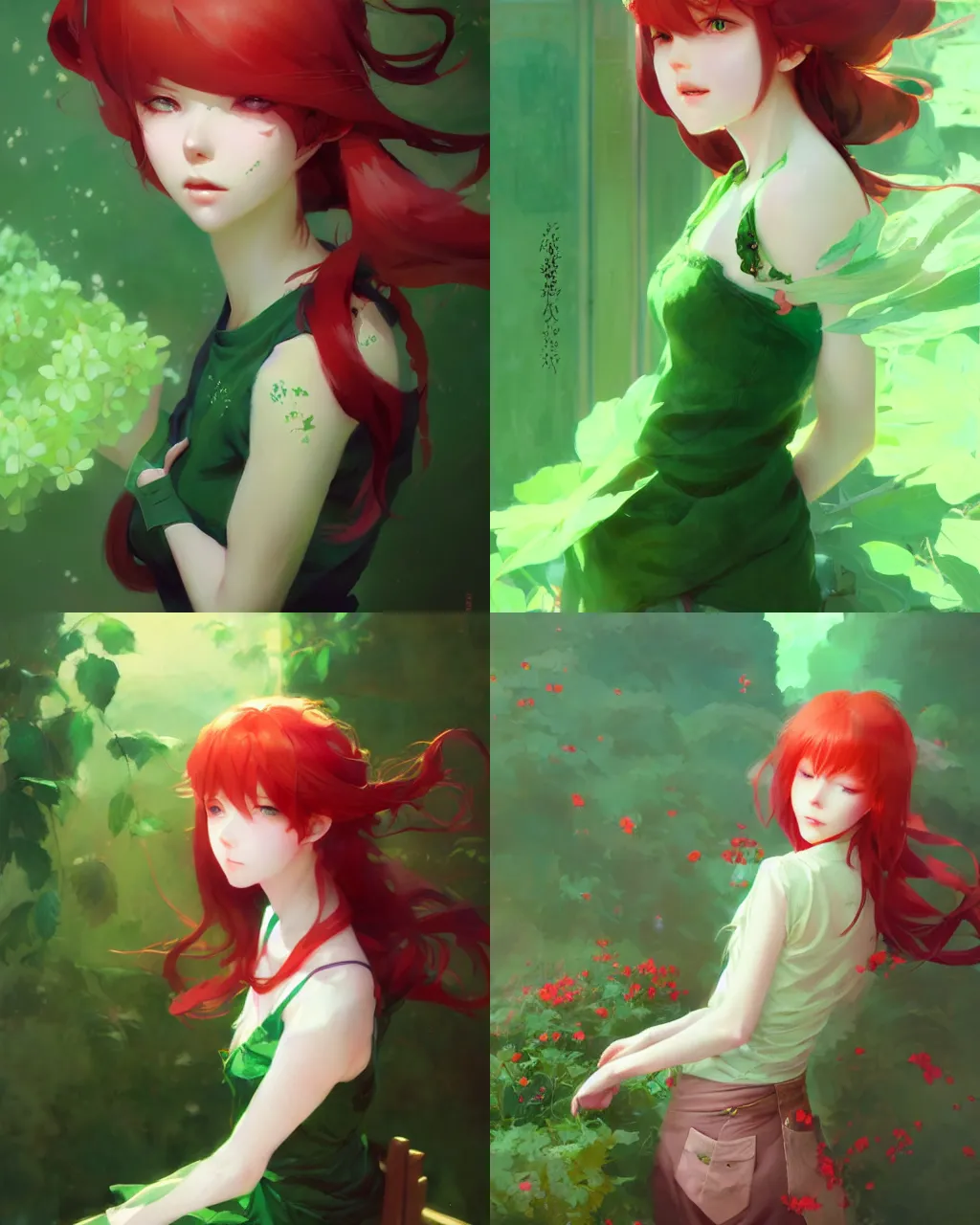 Prompt: girl with red hair and green clothing, flower decoration on the background, a beautiful half body illustration, top lighting, perfect shadow, soft painting, art by hidari and krenz cushart and wenjun lin
