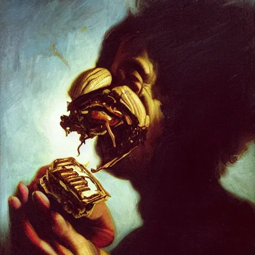 Image similar to saturn devouring a snickers chocolate bar, goya painting, in the style of goya and greg rutkowski, in the style of black paintings, 8 k, highly realistic