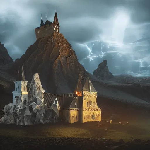 Image similar to medieval baroque castle made of crystal shards, epic landscape, iceland photography, cinematic, octane render, art station, dramatic lighting, beautiful dusk sky, concept art, rococo, photorealistic, intense detail, 8 k