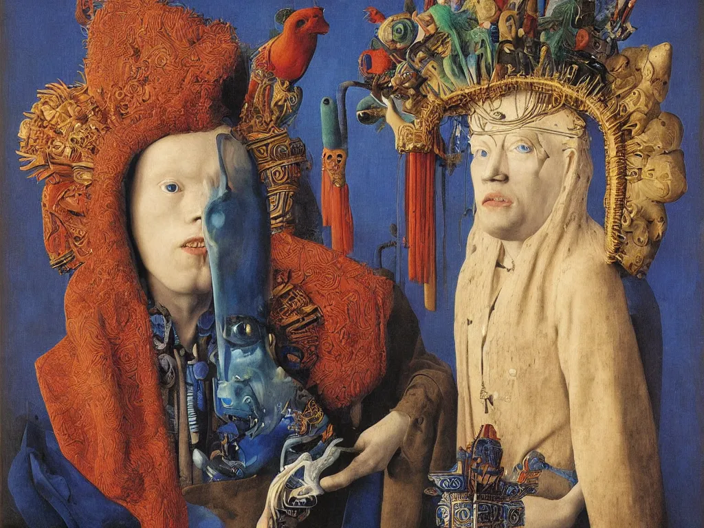 Image similar to portrait of albino mystic with blue eyes, with beautiful exotic, archaic, Aztec mask, sculpture. Painting by Jan van Eyck, Audubon, Rene Magritte, Agnes Pelton, Max Ernst, Walton Ford