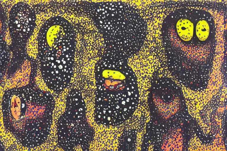 Image similar to teeth, smile, faceless people, black figures, dark, acrylic, clay, dots abstract, dripping, stipple, pointillism, technical, abstract, minimal, style of francis bacon, asymmetry, pulled apart, stretch, cloak, eerie, made of dots, abstraction chemicals, blotter, mask, colored dots, splotch, old painting style