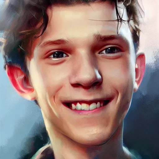 Prompt: smiling cute tom holland by ruan jia, portrait