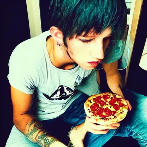 Image similar to “an emo femmeboi eating pizza and Cheerios for lunch”