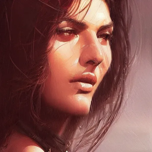 Prompt: a closeup portrait of a young monica belucci, dramatic light, city background, sunset, high contrast, sharp, painted by stanley lau, painted by greg rutkowski, painted by stanley artgerm, digital art, trending on artstation