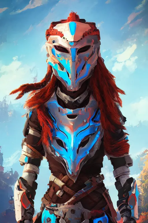 Image similar to combination suit armor aloy horizon forbidden west horizon zero dawn radiating a glowing aura global illumination ray tracing hdr fanart arstation by ian pesty and alena aenami artworks in 4 k tribal robot ninja mask helmet backpack