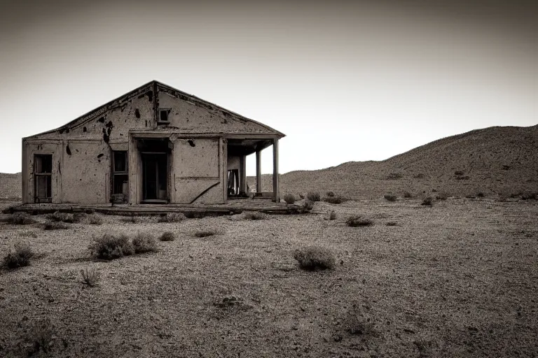 Prompt: desolate house in the middle of the desert, golden hour, dramatic, desolate, award winning